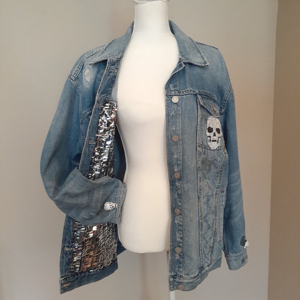 Upcycled Skull Embellished Jean Jacket